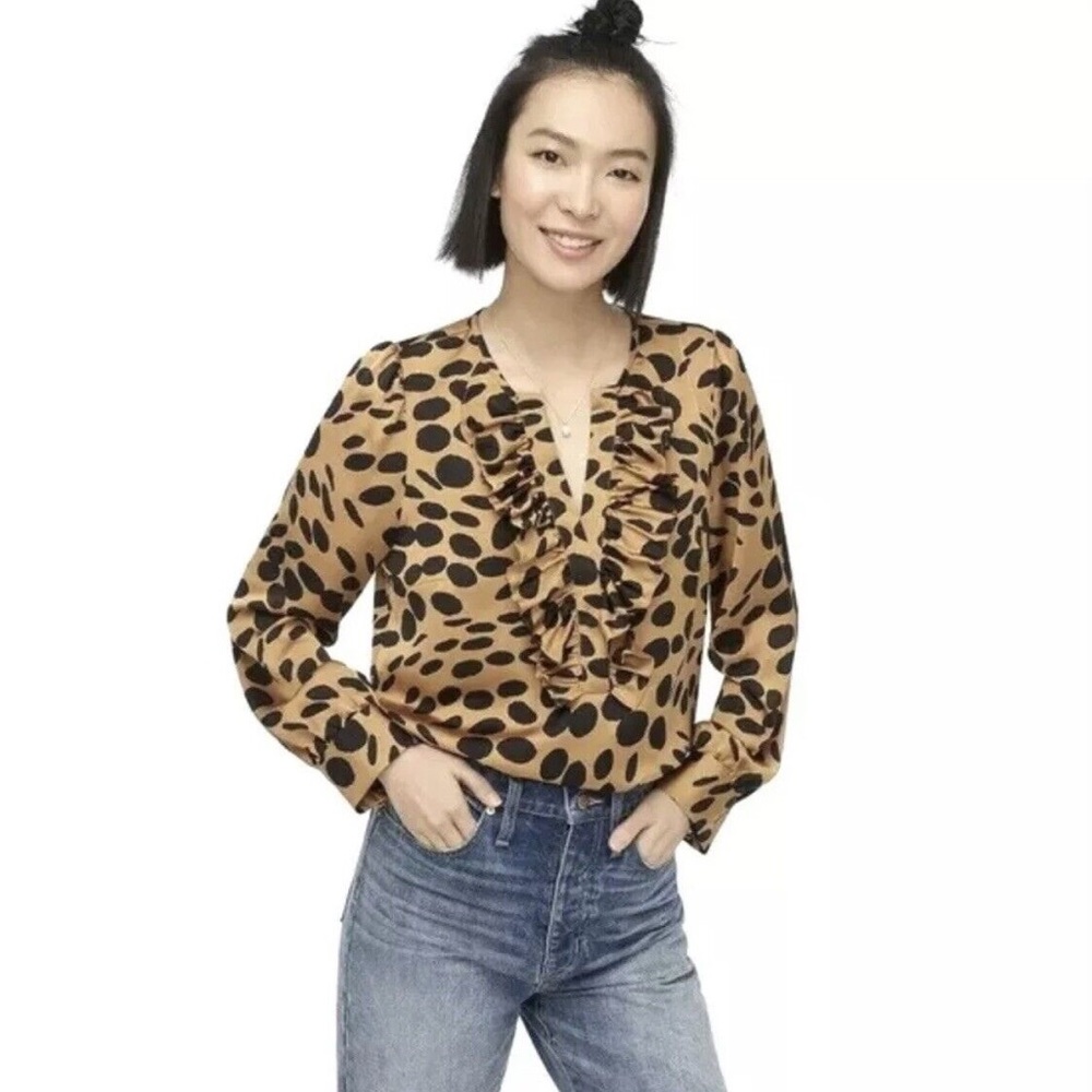 J. Crew Tan and Black Ruffled V-Neck Leopard Print Blouse